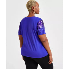 Plus Size Raining Sequin V-Neck Top, Created for Macy's-Deep iris