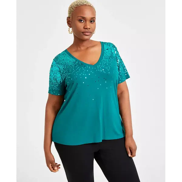 Plus Size Raining Sequin V-Neck Top, Created for Macy's-Green tourmaline