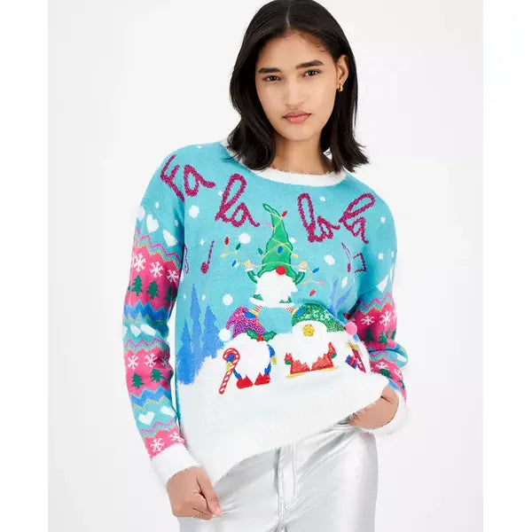 Juniors' Gnomes Singing Christmas Sweater,created by Macy's-Blue combo