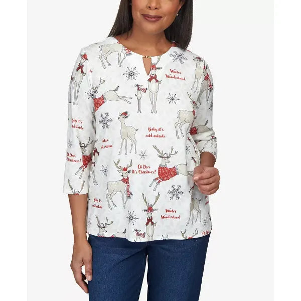 Alfred Dunner Women's Classic Deer Split Neck Top, Neutral Multi, Size Small