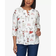 Alfred Dunner Women's Classic Deer Split Neck Top, Neutral Multi, Size Small
