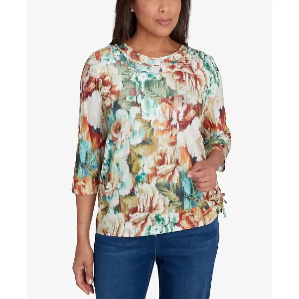 Alfred Dunner Women's Classic Earth Floral Crew Neck Top, Multi