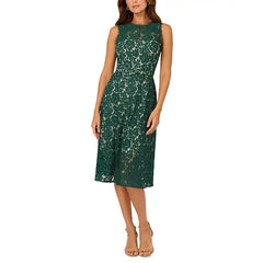 Adrianna Papell Womens Sleeveless Lace Midi Dress, Elegant Special Occasion or Evening Outfit