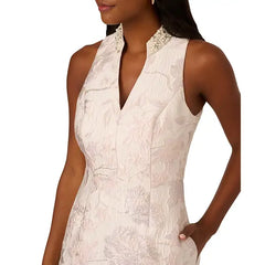 Adrianna Papell Womens Floral Jacquard Faux Pearl Embellished A Line Dress Elegant, Daytime or Special Occasion Outfit , Ivory/Silver