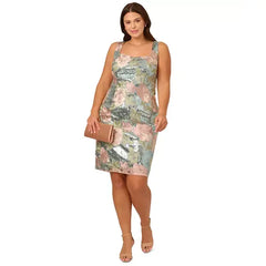 Adrianna Papell Plus Size Sequin Embroidery Sheath Dress, Perfect for Glamorous Occasions,Sage Multi