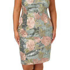 Adrianna Papell Plus Size Sequin Embroidery Sheath Dress, Perfect for Glamorous Occasions,Sage Multi