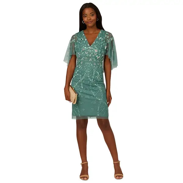 Adrianna Papell Women's Beaded Sheath Dress with Cape Sleeves, Ideal for Special Occasions, Green Slate