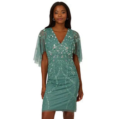Adrianna Papell Women's Beaded Sheath Dress with Cape Sleeves, Ideal for Special Occasions, Green Slate