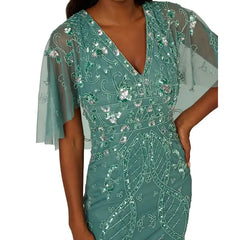 Adrianna Papell Women's Beaded Sheath Dress with Cape Sleeves, Ideal for Special Occasions, Green Slate