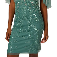 Adrianna Papell Women's Beaded Sheath Dress with Cape Sleeves, Ideal for Special Occasions, Green Slate