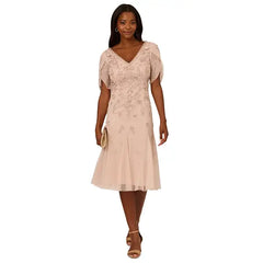 Adrianna Papell Women's Beaded Mesh Godet Midi Dress, Perfect for Elegant Evenings and Special Occasions, Shell