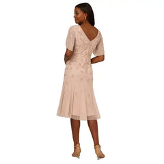 Adrianna Papell Women's Beaded Mesh Godet Midi Dress, Perfect for Elegant Evenings and Special Occasions, Shell