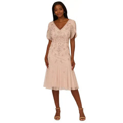 Adrianna Papell Women's Beaded Mesh Godet Midi Dress, Perfect for Elegant Evenings and Special Occasions, Shell