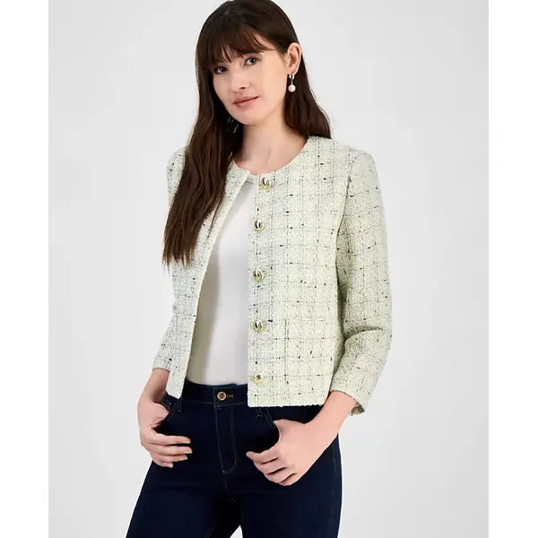 Anne Klein Womens Tweed Jacket, Classic Tailored Lightweight Layer, White Dove Multi