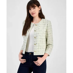 Anne Klein Womens Tweed Jacket, Classic Tailored Lightweight Layer, White Dove Multi