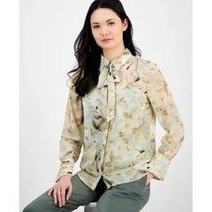 Anne Klein Womens Floral Print Tie Neck Blouse, Elegant Stylish Top