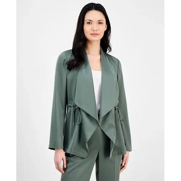 Anne Klein Womens Drape Front Drawstring Waist Jacket, Stylish Lightweight Layering Piece