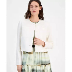 Anne Klein Womens Linen Blend Collarless Button Front Jacket, Elegant Lightweight Outerwear