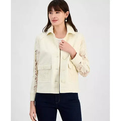 Anne Klein Womens Lace Trim Jacket, Elegant Stylish Outerwear for Women, Ecru Wash
