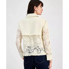 Anne Klein Womens Lace Trim Jacket, Elegant Stylish Outerwear for Women, Ecru Wash