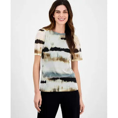 Anne Klein Womens Watercolor Print Elbow Sleeve Top, Stylish Comfortable Everyday Wear