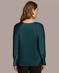 Macy's Donna Karan Women's Long Sleeve V-Neck Blouse-Peacock Blue