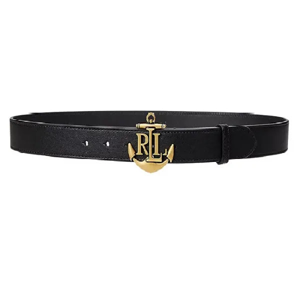 Lauren Ralph Lauren Anchor-Logo Leather Skinny Belt in XL Size – Black