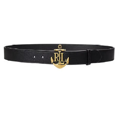Lauren Ralph Lauren Anchor-Logo Leather Skinny Belt in XL Size – Black