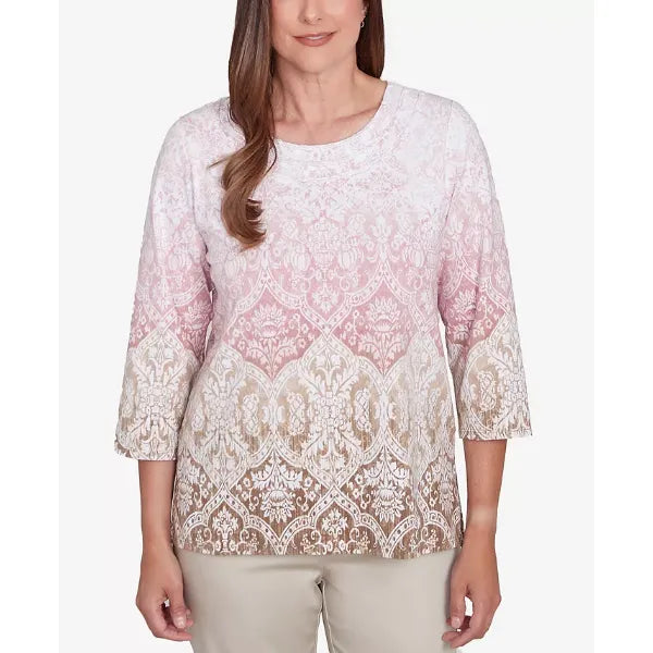 Alfred Dunner Women's Coming Up Roses Ombre Medallion Three Quarter Sleeve Top with Necklace, Multi Pink , Size S