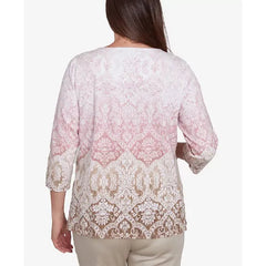 Alfred Dunner Women's Coming Up Roses Ombre Medallion Three Quarter Sleeve Top with Necklace, Multi Pink , Size S