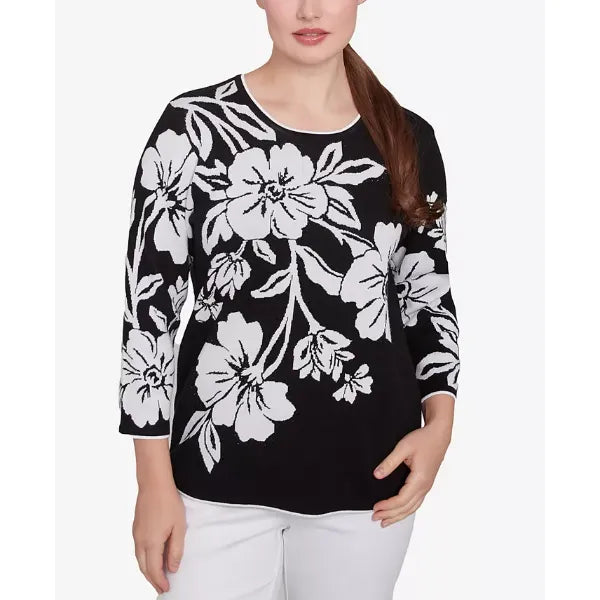 Alfred Dunner Women's Wild At Heart Dramatic Floral Crew Neck Top, Black