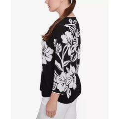 Alfred Dunner Women's Wild At Heart Dramatic Floral Crew Neck Top, Black