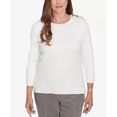 Alfred Dunner Women's Copenhagen Textured Cable Button Shoulder Sweater, Winter White, Size M