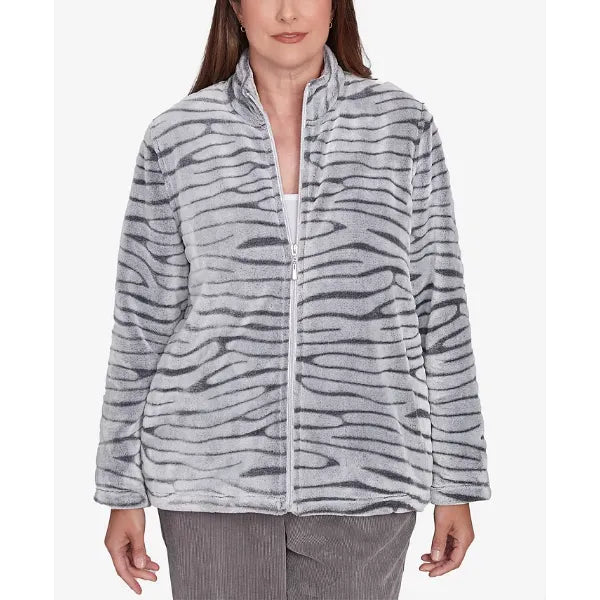 Alfred Dunner Women's Copenhagen Fuzzy Sculpted Zebra Animal Jacket, Graphite