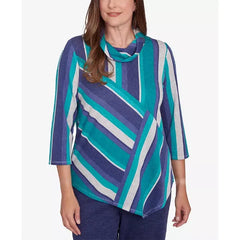 Alfred Dunner Women's French Quarter Spliced Stripe Cowl Neck Top, Multi Green