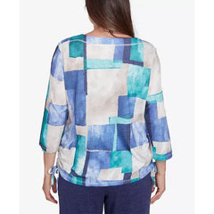Alfred Dunner Women's French Quarter Blue Tone Box Print Ruched Top, Multi Blue