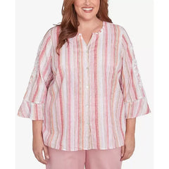 Alfred Dunner Plus Size Coming Up Roses Striped Button Down Embroidered Sleeve Top, Pink Multi