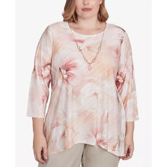 Alfred Dunner Plus Size Coming Up Roses Textured Watercolor Flower Top with Necklace, Pink Multi, Size 1X