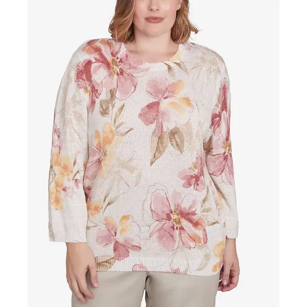 Alfred Dunner Plus Size Coming Up Roses Crew Neck Floral Sweater, Neutral Multi, Size 1X
