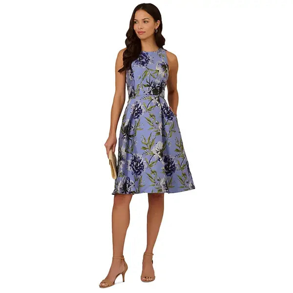 Adrianna Papell Womens Sleeveless Floral Embroidered Dress, Elegant Style for Special Occasions,Blue Multi