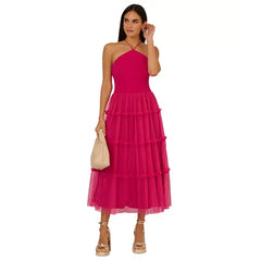 Adrianna Papell Womens Ruffled Tiered Midi Dress, Elegant Style for Special Occasions,Bright Rose