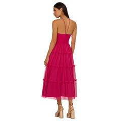 Adrianna Papell Womens Ruffled Tiered Midi Dress, Elegant Style for Special Occasions,Bright Rose