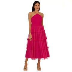 Adrianna Papell Womens Ruffled Tiered Midi Dress, Elegant Style for Special Occasions,Bright Rose