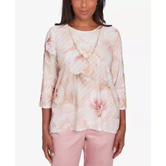 Alfred Dunner Petite Textured Watercolor Flower Top with Necklace, Multi Pink