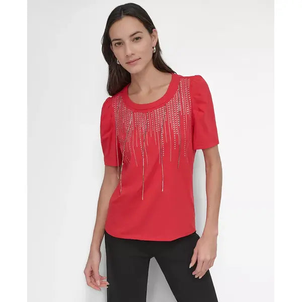 Macy's Women's Crewneck Embellished-Fringe Short-Sleeve Top-Red