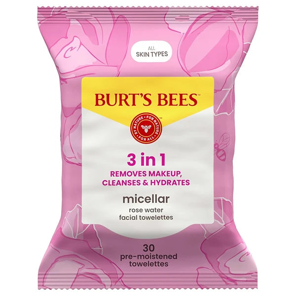 Burt’s Bees Micellar Rose Water Facial Towelettes – Makeup Remover & Cleanser, 99% Natural Origin, Plant-Based Cloths, All Skin Types, 60 Count (2 Pack)