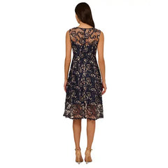 Adrianna Papell Women's Boat-Neck Embroidered Midi Dress Perfect for Elegant Occasions, Navy/Rose Gold