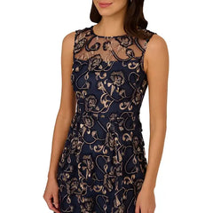 Adrianna Papell Women's Boat-Neck Embroidered Midi Dress Perfect for Elegant Occasions, Navy/Rose Gold