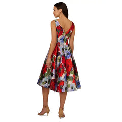 Adrianna Papell Womens Floral Print Mikado Midi Dress Elegant Style for Formal Occasions, Ivory/Red Multi