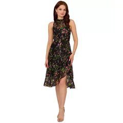 Adrianna Papell Womens Floral Print Ruffled Sleeveless A Line Dress, Elegant Daytime or Garden Party Outfit, Black Multi , Size 16